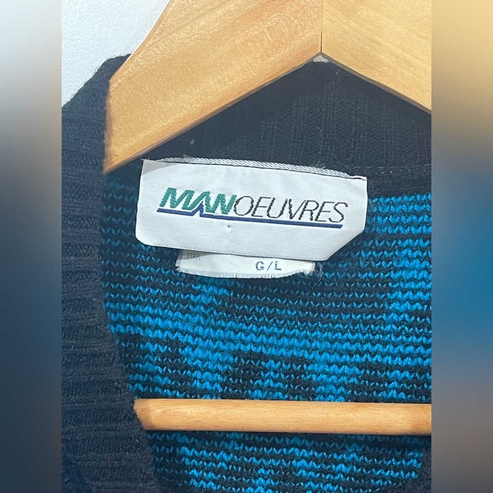Vintage Geometric Retro Blue and Black Mens Crewneck Pullover Sweater Sz Large - Picture 6 of 10